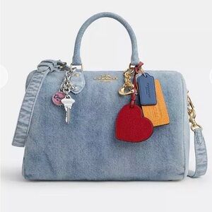 Coach Light Blue Denim Large Rowan with Gold Accents